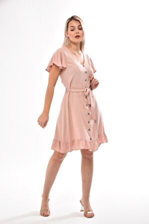 Kadın Kolu Volanlı Düğme detaylı Yazlık Kısa Elbise 4217/95